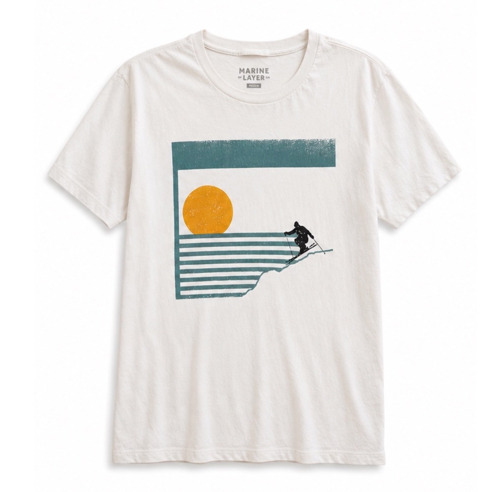 Marine Layer Mens Ski Graphic Tee Retro Mountain Skiing Shirt Off-White Medium